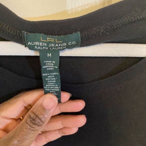 LRL Lauren Jeans Co. Ralph Lauren Scoop Neck Floral Lace Sleeve Blouse Black M - Picture 6 of 6